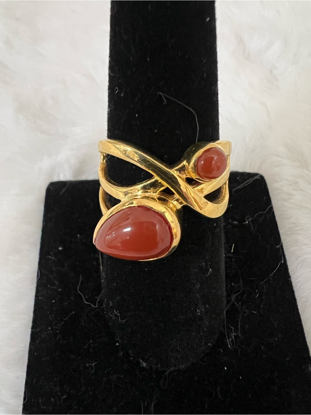 Gold Over Sterling Deep Orange Carnelian Stone Crossover Ring - Women Jewelry
